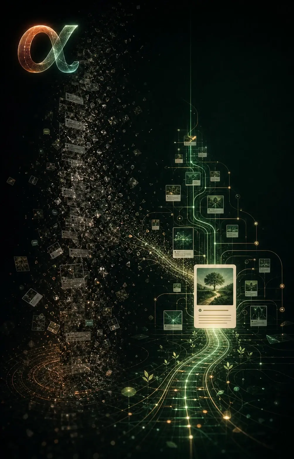 AlphaVote concept artwork: fragmented information becomes connected cards along a green path.